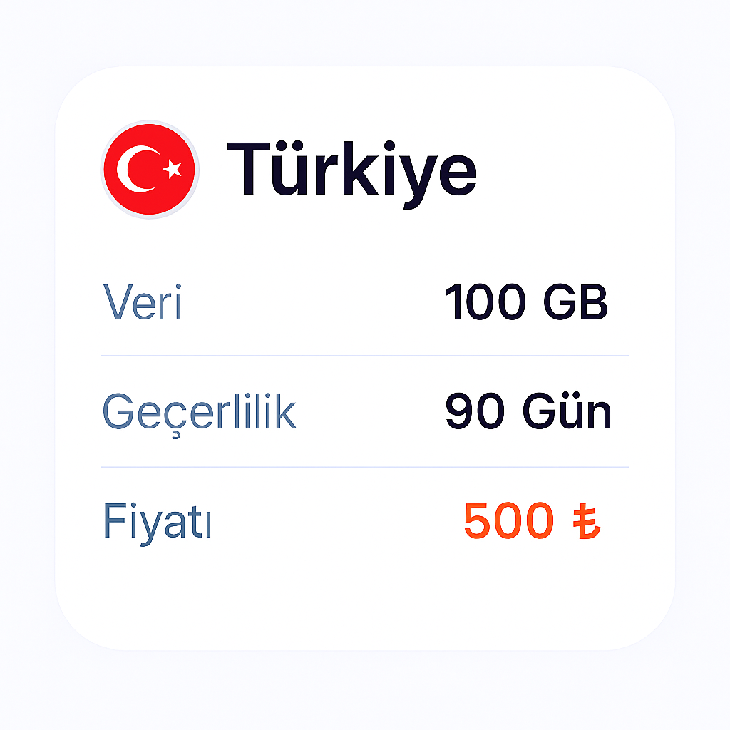 100Gb 90Gün Türkiye Geçerli eSIM internet paketi