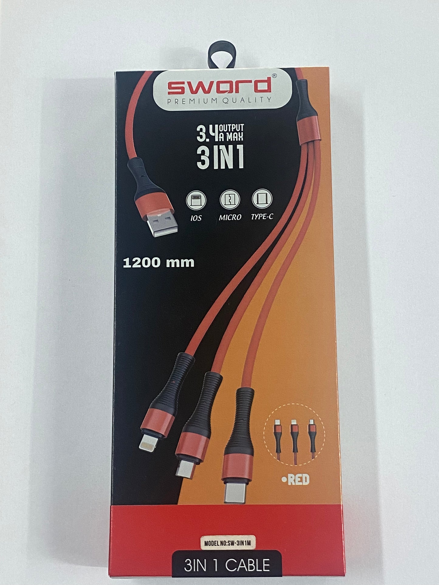Sword SW-3IN1M 3 in 1 Şarj Kablosu 1200mm – iOS + Micro USB + Type-C Hızlı Şarj Kablosu (3.1A)