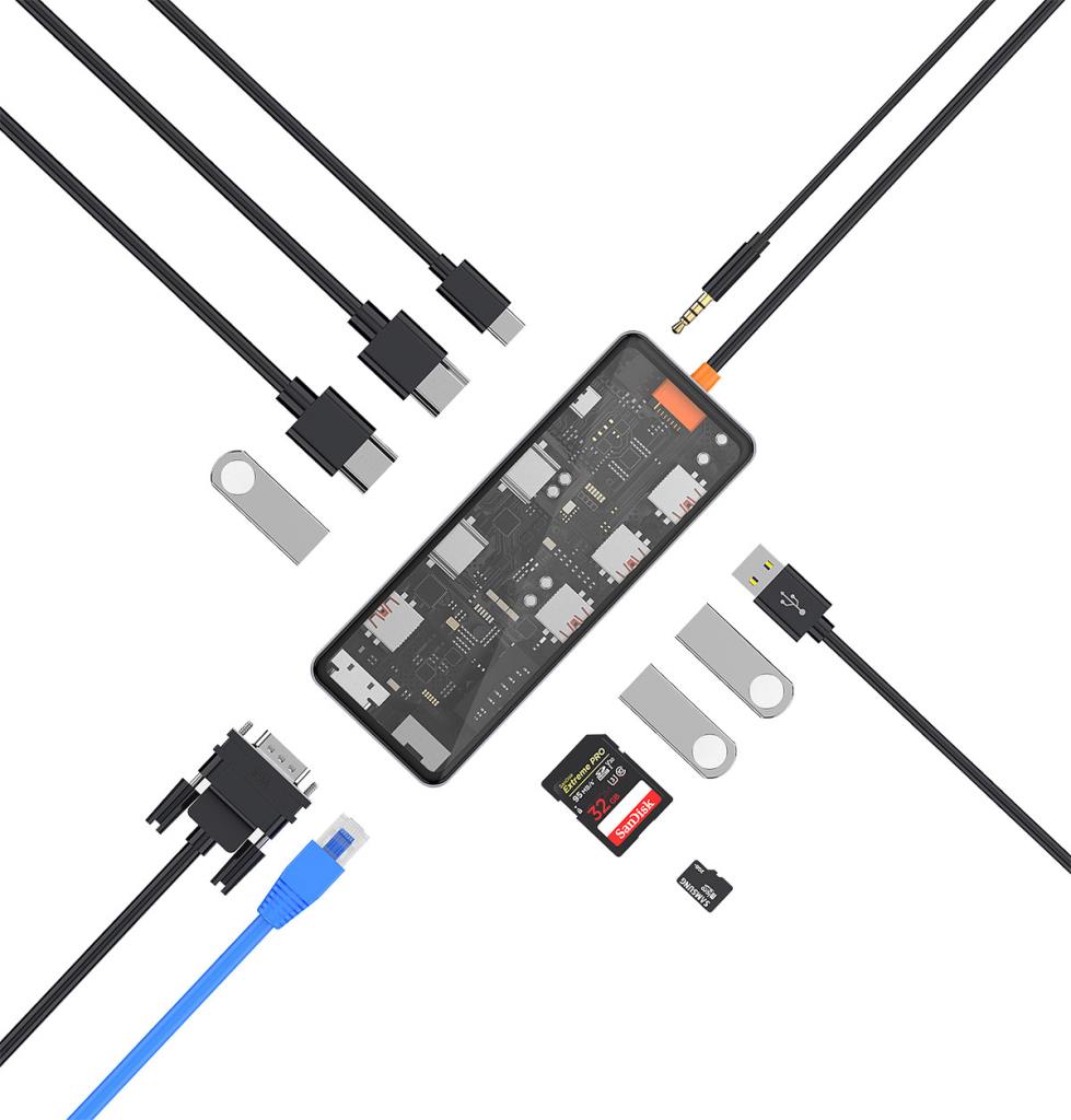 CB012 12in1 Şeffaf Type-C Hub 100W Çoklayıcı