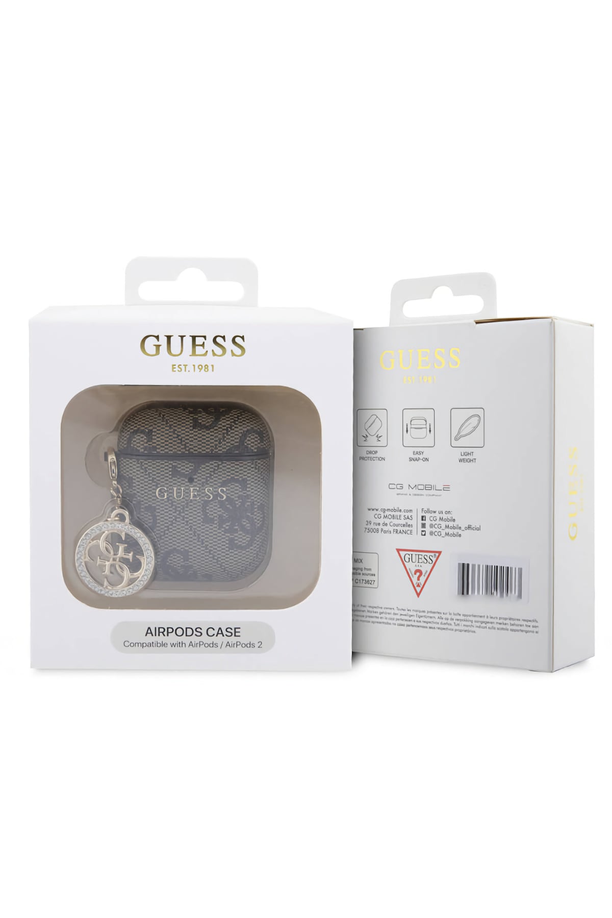 Guess Apple Airpods 2. Nesil Uyumlu Kılıf 4G Taşlı Süs Zincirli Kahverengi