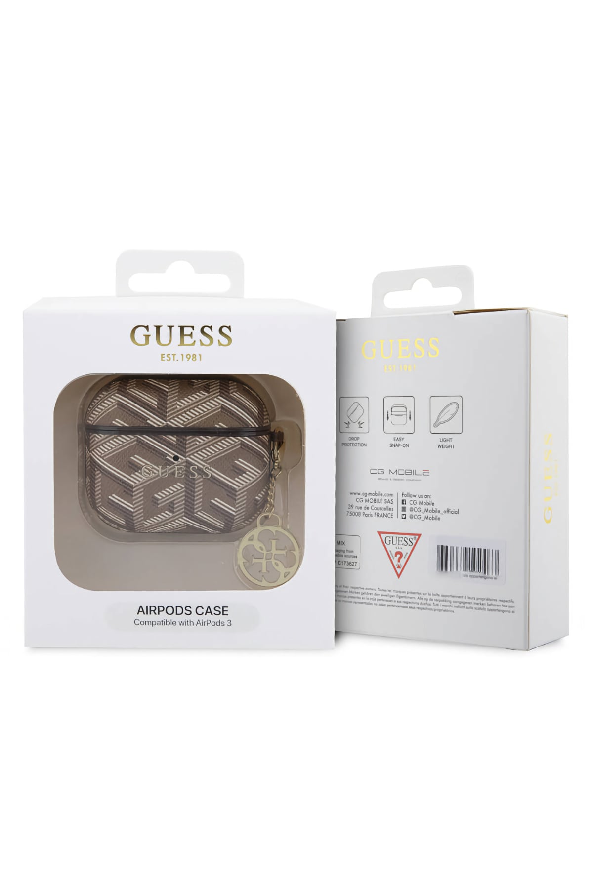Guess Apple Airpods 3. Nesil Uyumlu Kılıf G Cube Desenli Süs Zincirli Kahverengi