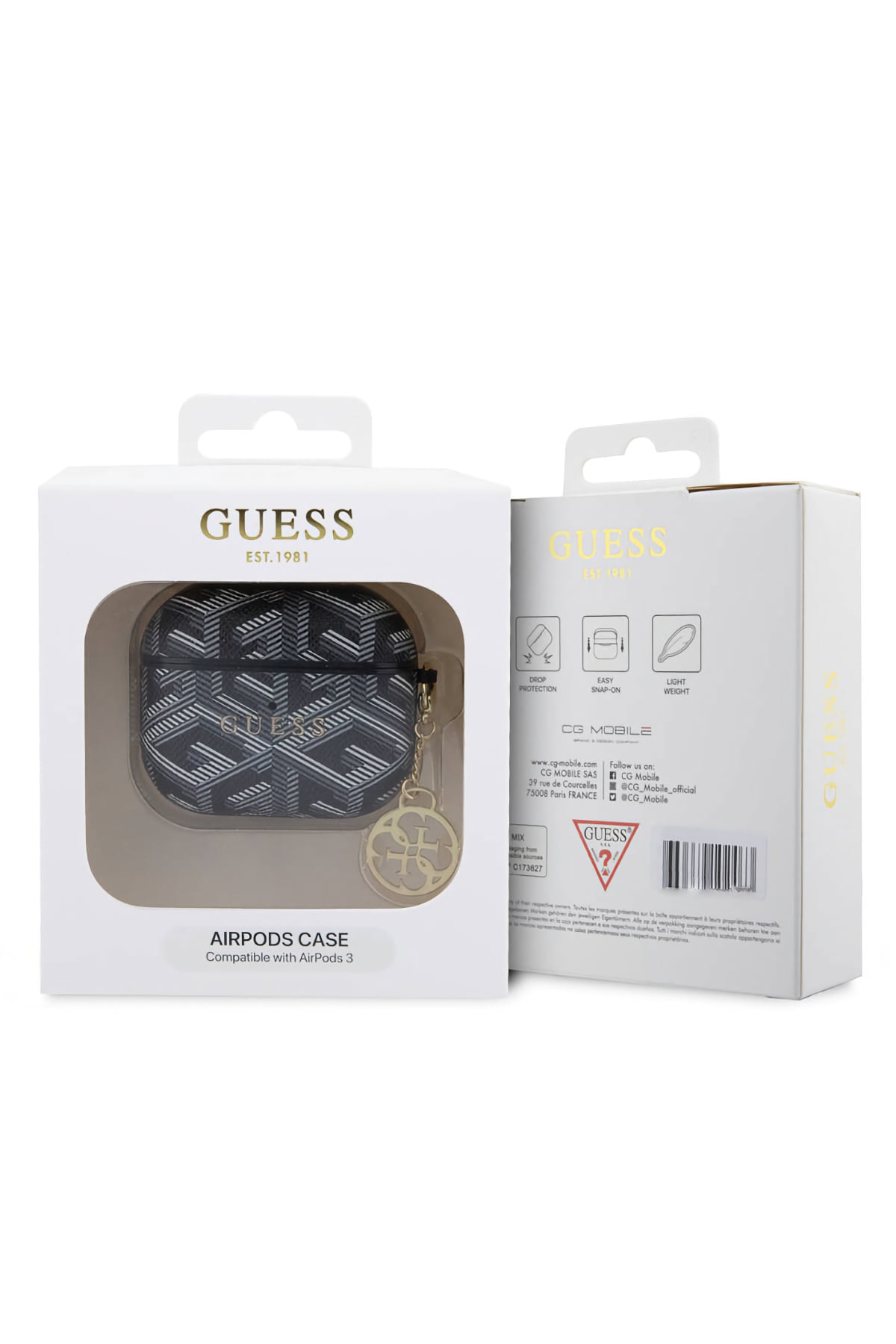 Guess Apple Airpods 3. Nesil Uyumlu Kılıf G Cube Desenli Süs Zincirli Siyah