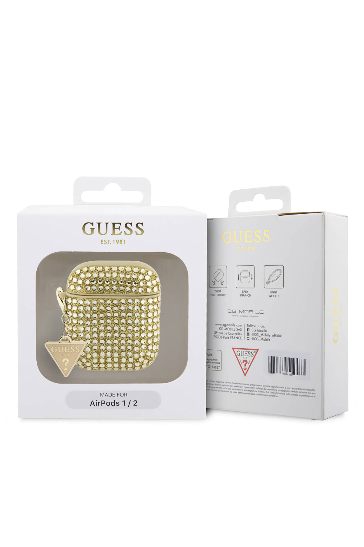 Guess Apple Airpods 2. Nesil Kılıf Taş Kaplamalı Üçgen Logo Süslü Gold