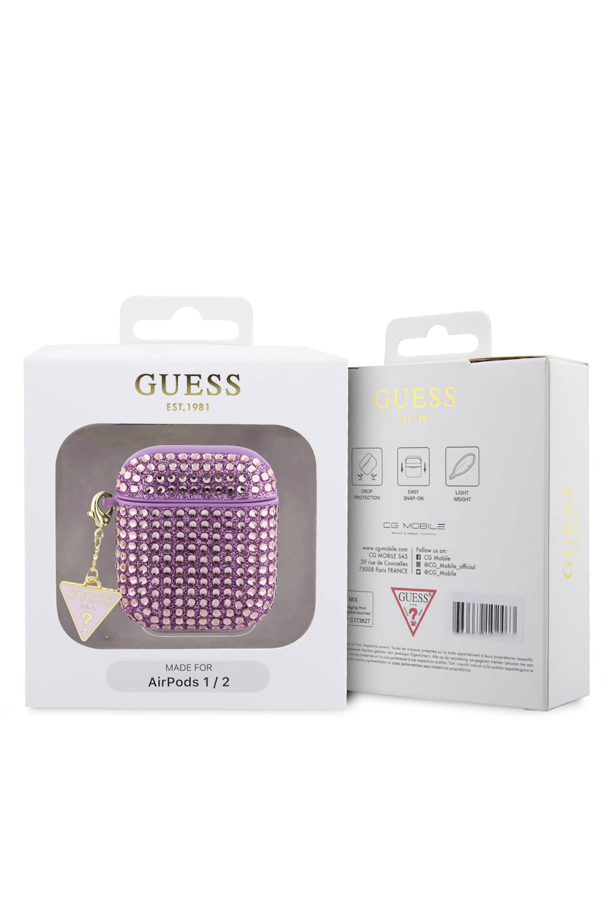 Guess Apple Airpods 2. Nesil Kılıf Taş Kaplamalı Üçgen Logo Süslü Mor