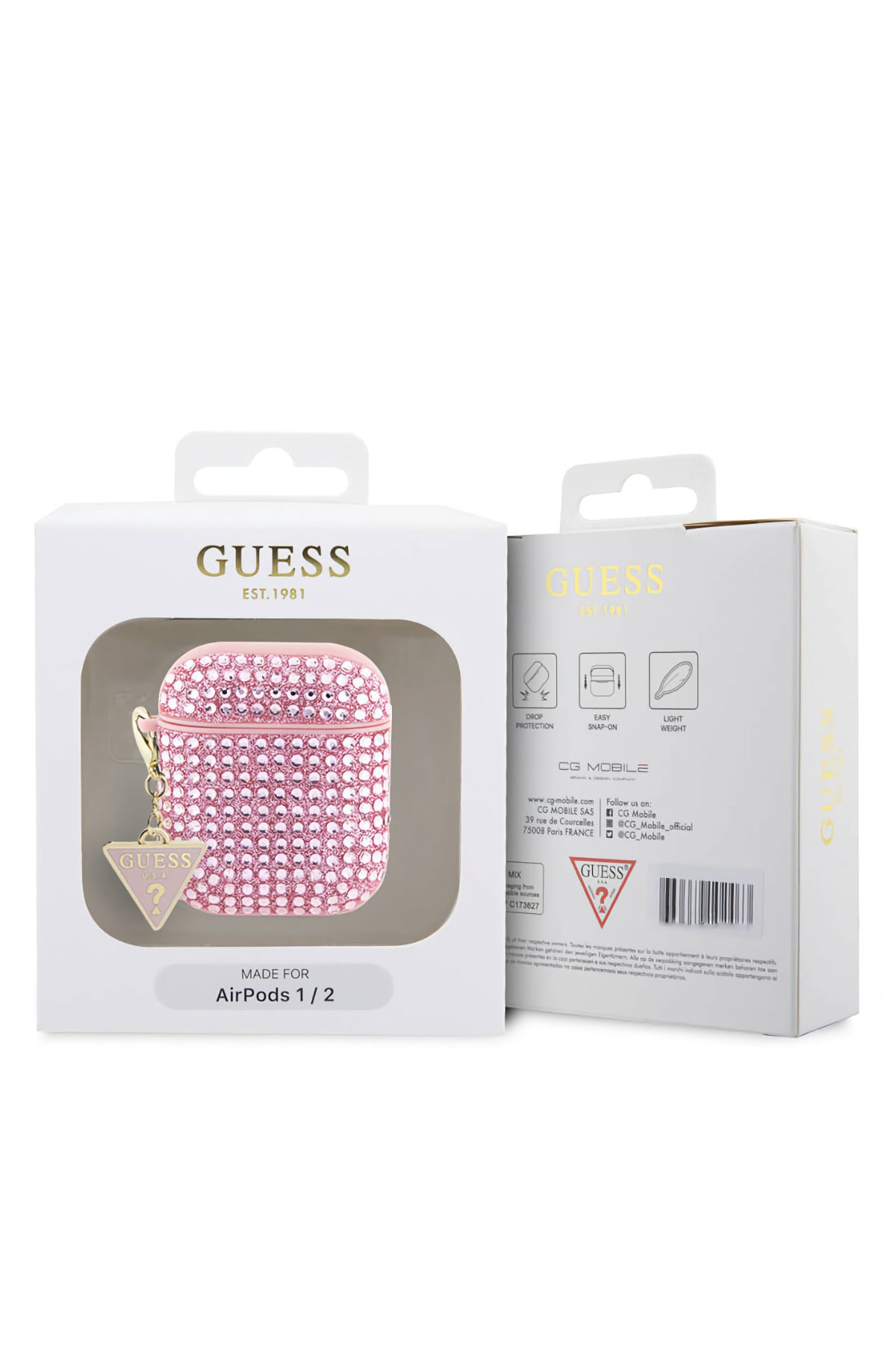 Guess Apple Airpods 2. Nesil Kılıf Taş Kaplamalı Üçgen Logo Süslü Pembe