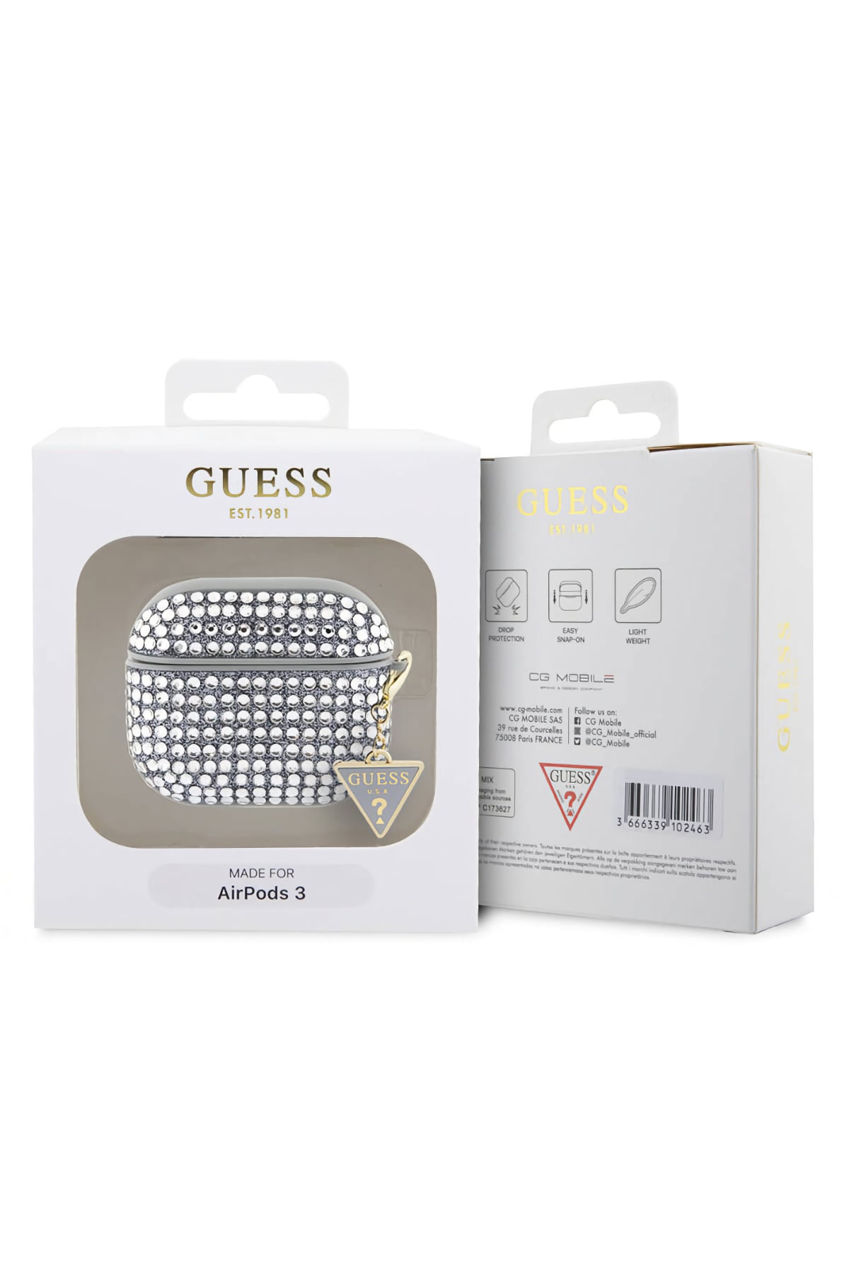 Guess Apple Airpods Pro 2. Nesil Kılıf Taş Kaplamalı Üçgen Logo Süslü Gümüş