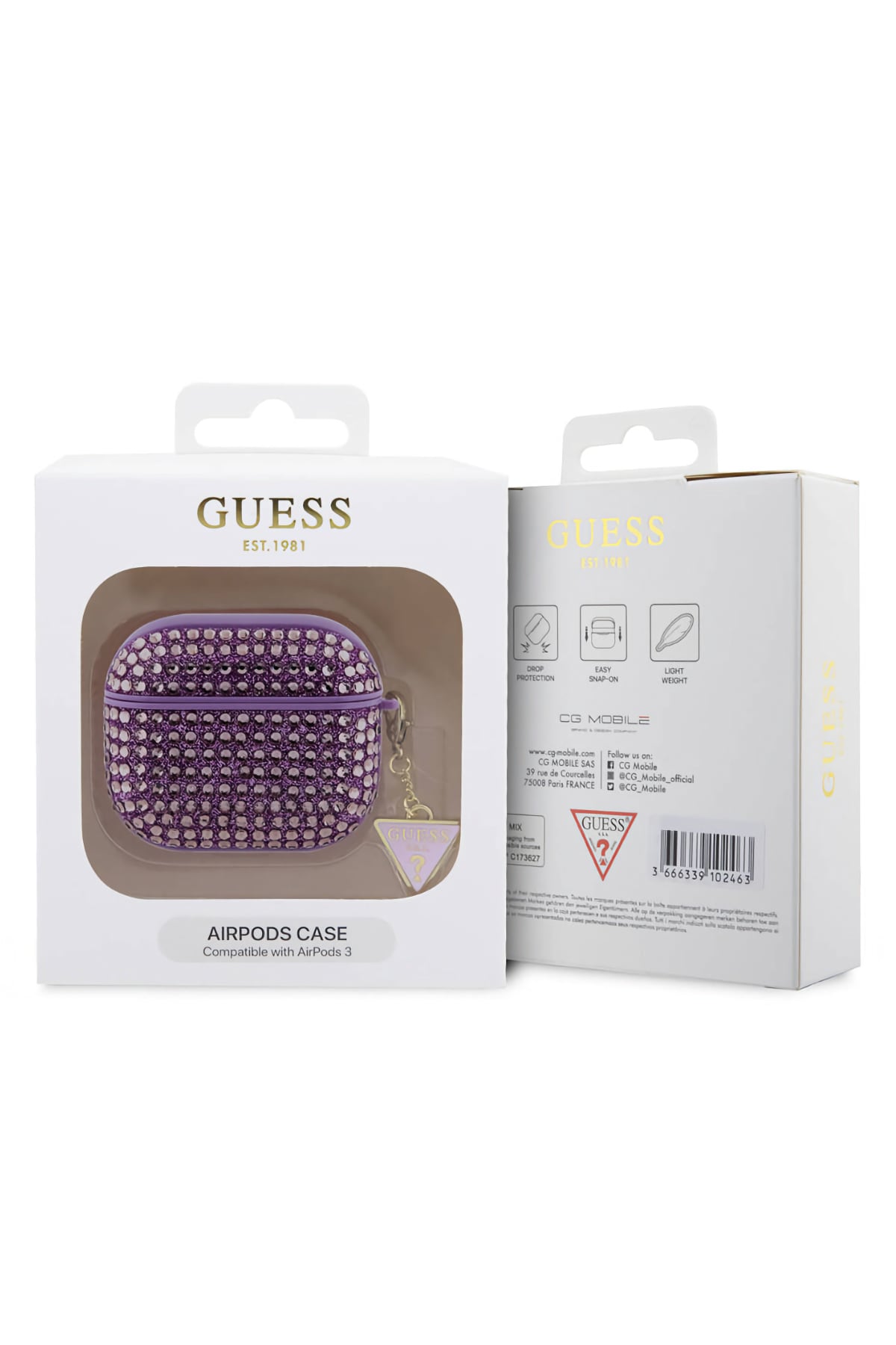 Guess Apple Airpods Pro 2. Nesil Kılıf Taş Kaplamalı Üçgen Logo Süslü Mor