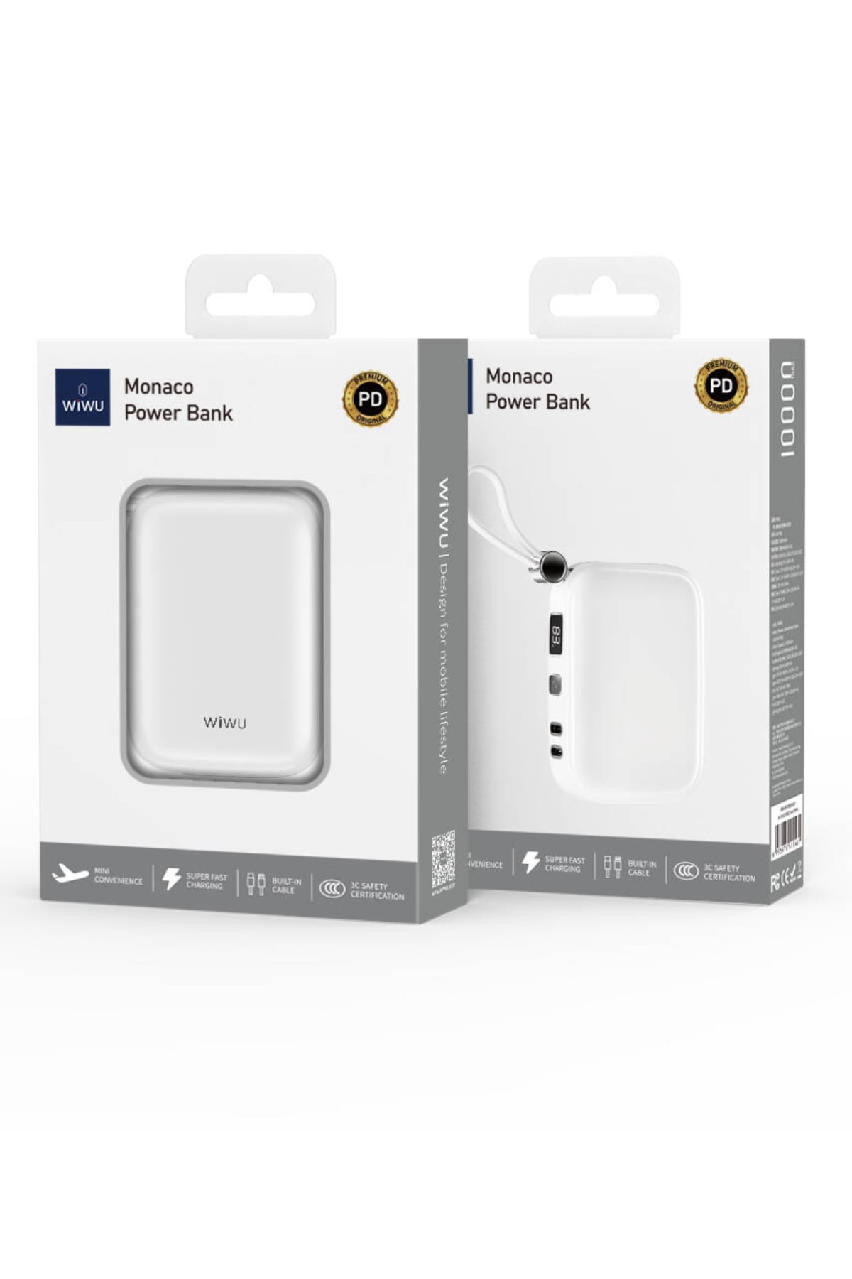 Wiwu Wi-P042 Monaco Serisi Lightning ve Type-C Kablolu Dijital LED Göstergeli Askılı Powerbank 10000mAh