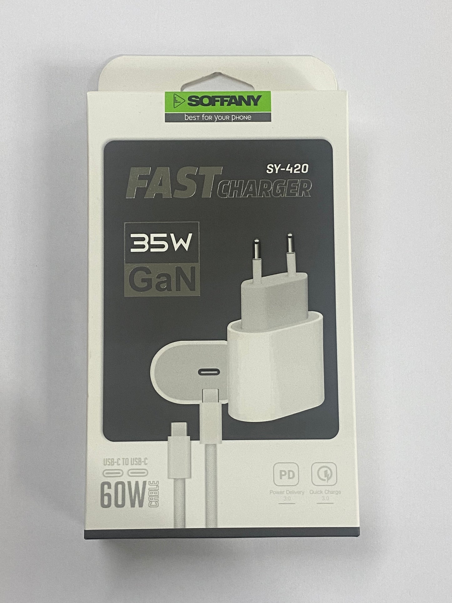 SOFFANY SY-420 35W GaN Fast Charger – PD 3.0 & Quick Charge 3.0 Destekli Hızlı Şarj Adaptörü (USB-C to USB-C 60W Kablo Dahil)
