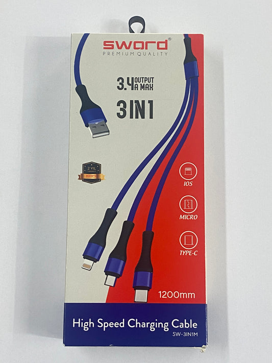 Sword SW-3IN1M 3 in 1 Şarj Kablosu 1200mm – iOS + Micro USB + Type-C Hızlı Şarj Kablosu (3.1A)