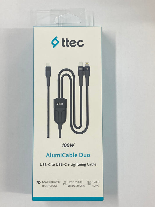 ttec AlumiCable Duo 100W USB-C to USB-C + Lightning Kablo 150CM – PD Hızlı Şarj Destekli, 35.000 Bükülme Dayanımı