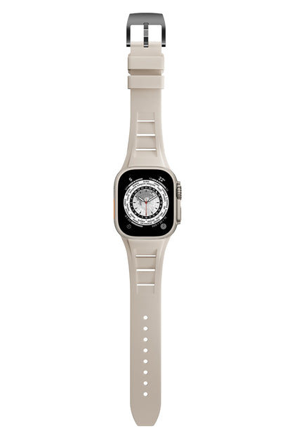 Apple Watch Ultra Uyumlu Terraflex Rubber Siyah Tokalı Bej Kordon