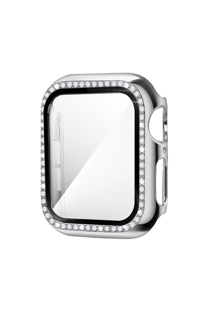 Apple Watch Uyumlu Ekran Koruyucu Taşlı Parlak Kasa Gümüş Gri