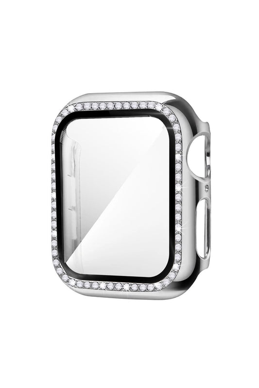 Apple Watch Uyumlu Ekran Koruyucu Taşlı Parlak Kasa Gümüş Gri