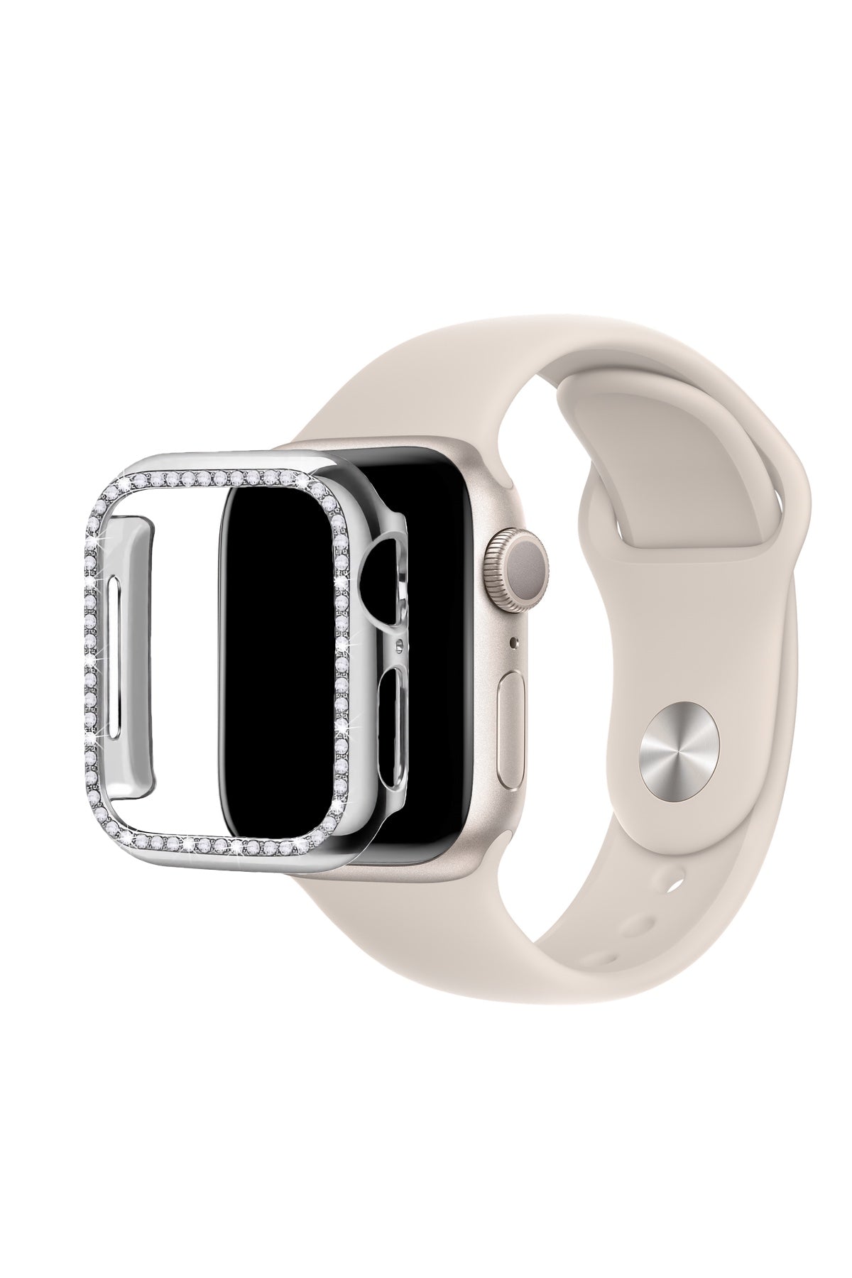 Apple Watch Uyumlu Ekran Koruyucu Taşlı Parlak Kasa Gümüş Gri