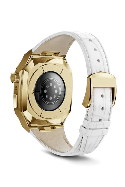 Apple Watch Uyumlu Belize Gold Kasa Koruyucu Deri Kordon Beyaz