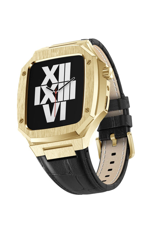 Apple Watch Uyumlu Belize Gold Kasa Koruyucu Deri Kordon Siyah