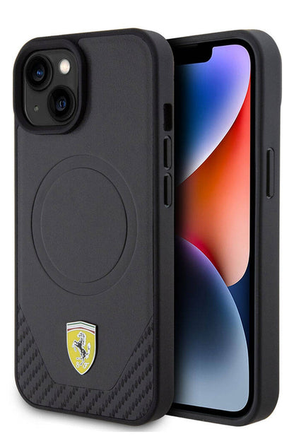 Ferrari iPhone 15 Magsafe Uyumlu Pu Karbon Kılıf Siyah