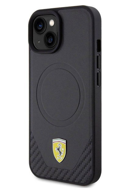 Ferrari iPhone 15 Magsafe Uyumlu Pu Karbon Kılıf Siyah