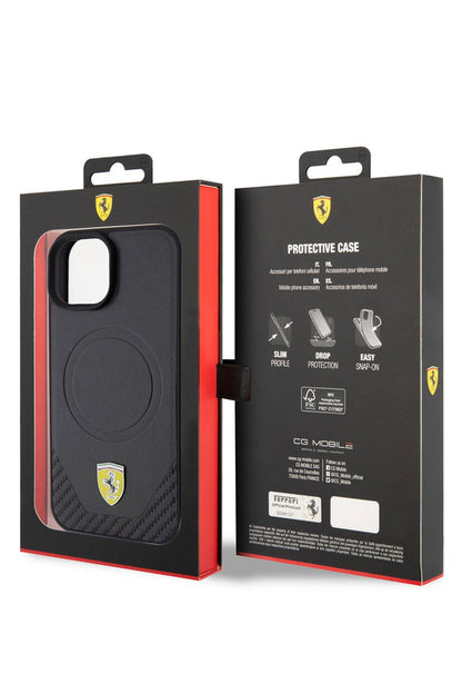 Ferrari iPhone 15 Magsafe Uyumlu Pu Karbon Kılıf Siyah