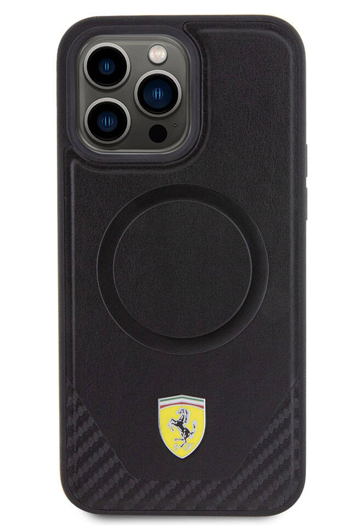 Ferrari iPhone 15 Pro Magsafe Uyumlu Pu Karbon Kılıf Siyah