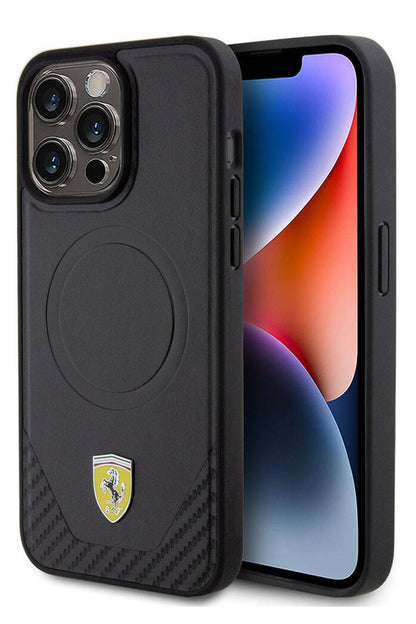 Ferrari iPhone 15 Pro Magsafe Uyumlu Pu Karbon Kılıf Siyah