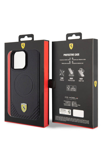 Ferrari iPhone 15 Pro Magsafe Uyumlu Pu Karbon Kılıf Siyah