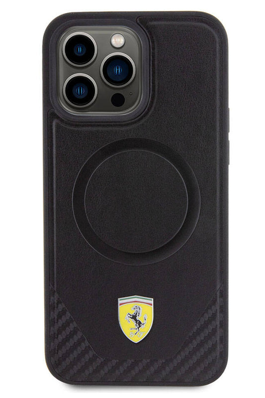 Ferrari iPhone 15 Pro Max Magsafe Uyumlu Pu Karbon Kılıf Siyah