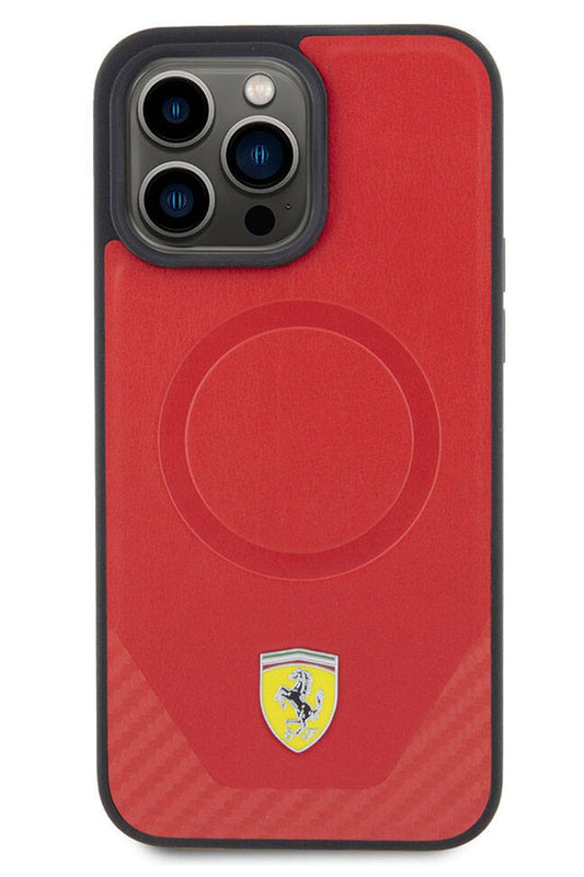 Ferrari iPhone 15 Pro Max Magsafe Uyumlu Pu Karbon Kılıf Kırmızı