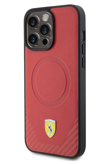 Ferrari iPhone 15 Pro Max Magsafe Uyumlu Pu Karbon Kılıf Kırmızı