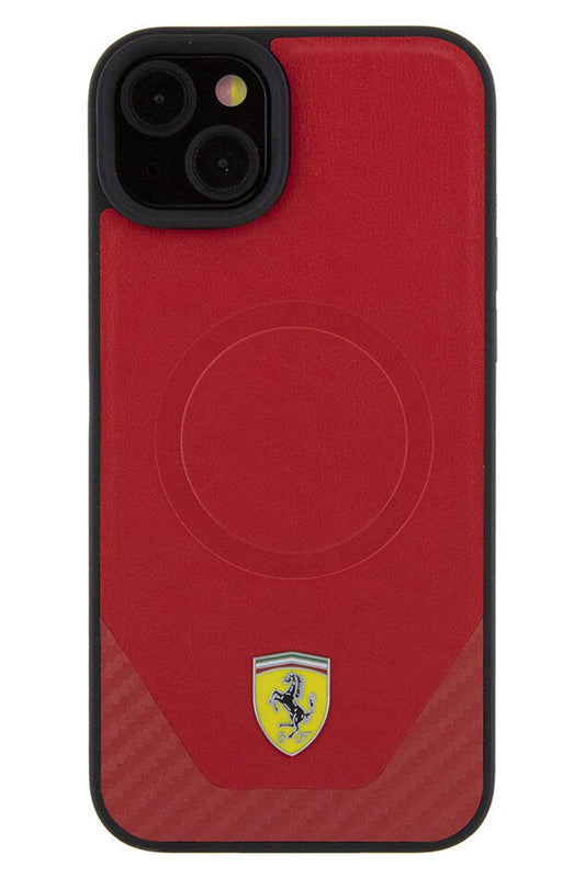 Ferrari iPhone 15 Magsafe Uyumlu Pu Karbon Kılıf Kırmızı
