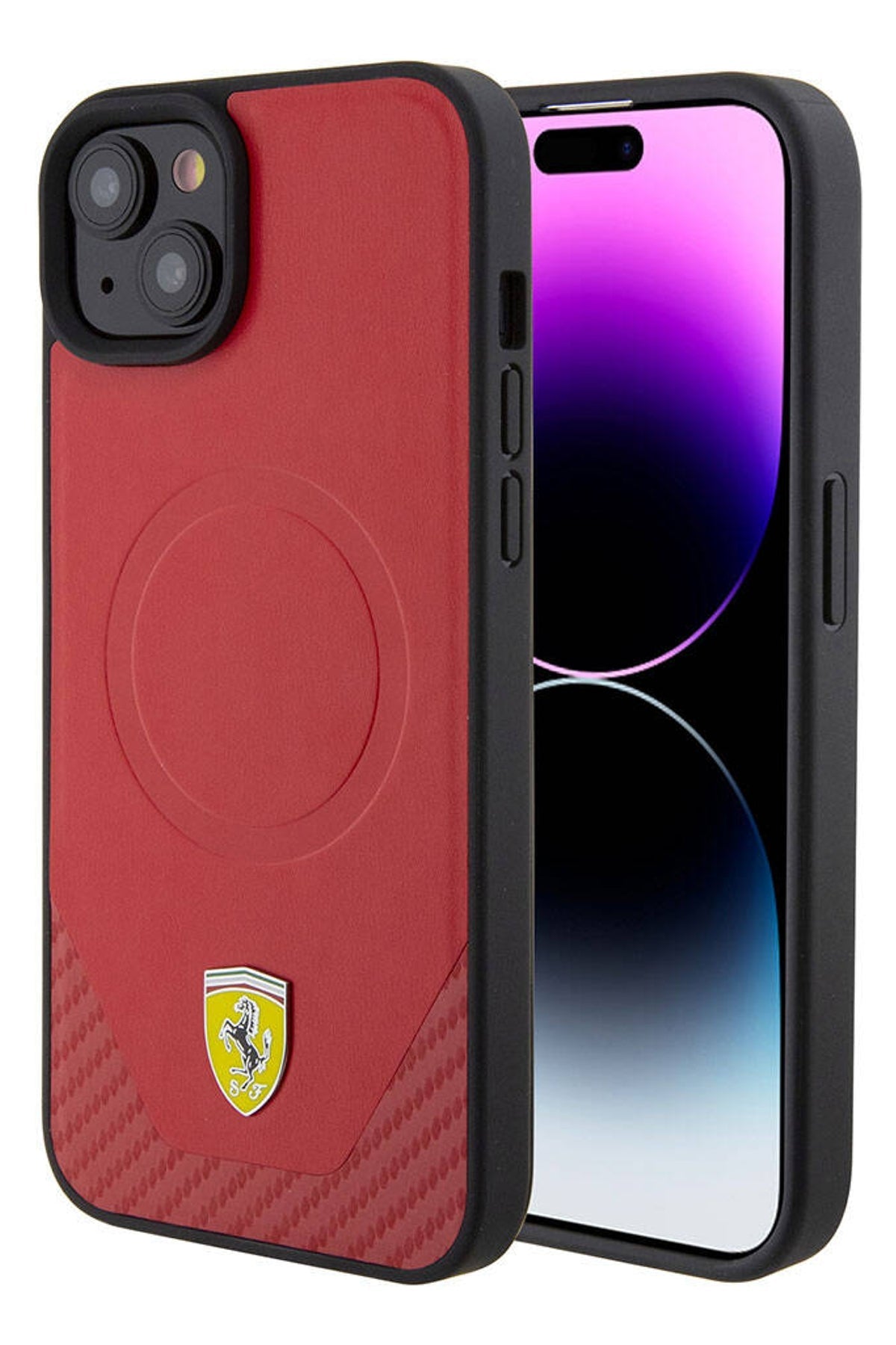 Ferrari iPhone 15 Magsafe Uyumlu Pu Karbon Kılıf Kırmızı