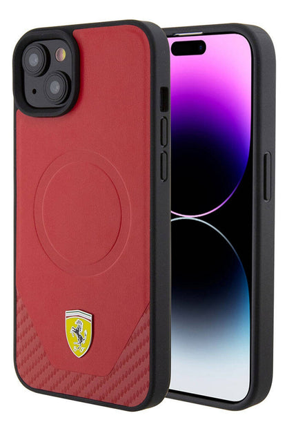 Ferrari iPhone 15 Magsafe Uyumlu Pu Karbon Kılıf Kırmızı