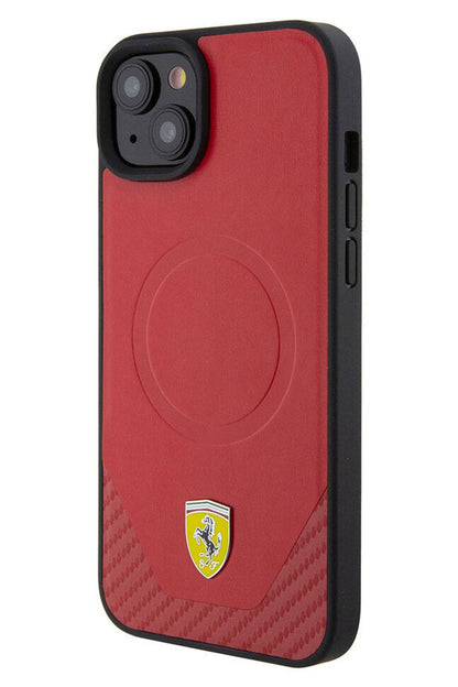 Ferrari iPhone 15 Magsafe Uyumlu Pu Karbon Kılıf Kırmızı
