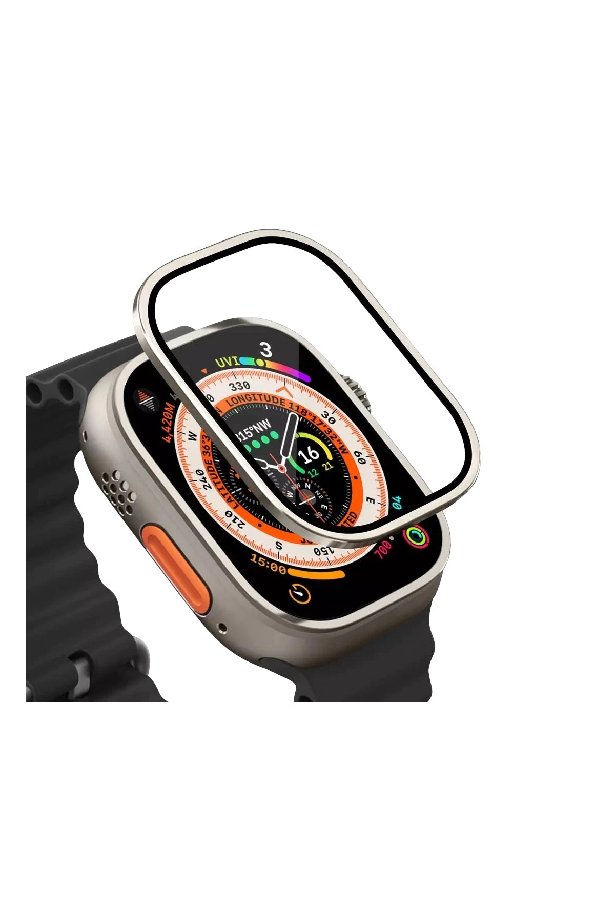 Apple Watch Ultra Uyumlu Metal Çerçeveli İnce Ekran Koruyucu Çelik Gri
