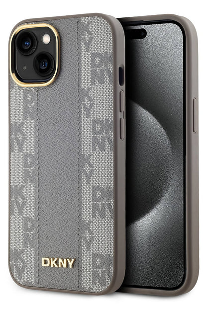 DKNY Checkered Texture Pattern iPhone 15 Magsafe Uyumlu Kılıf Krem