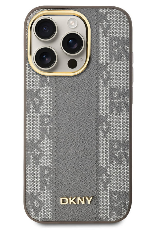 DKNY Checkered Texture Pattern iPhone 15 Pro Magsafe Uyumlu Kılıf Krem