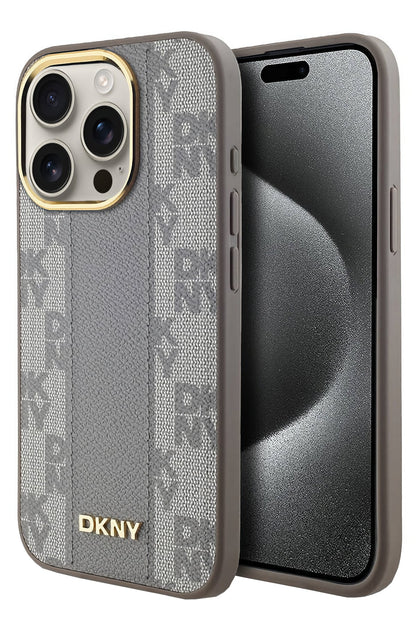 DKNY Checkered Texture Pattern iPhone 15 Pro Magsafe Uyumlu Kılıf Krem