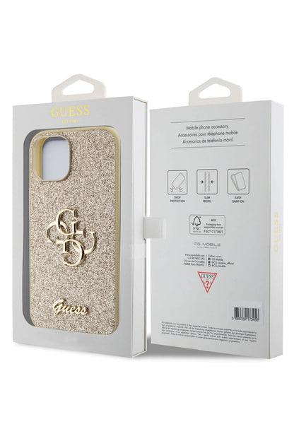 Guess iPhone 15 Uyumlu Glitter 4G Logolu Kılıf Gold