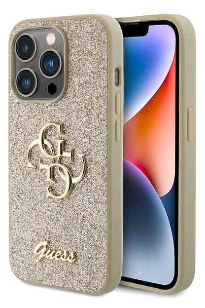 Guess iPhone 15 Pro Max Uyumlu Glitter 4G Logolu Kılıf Gold