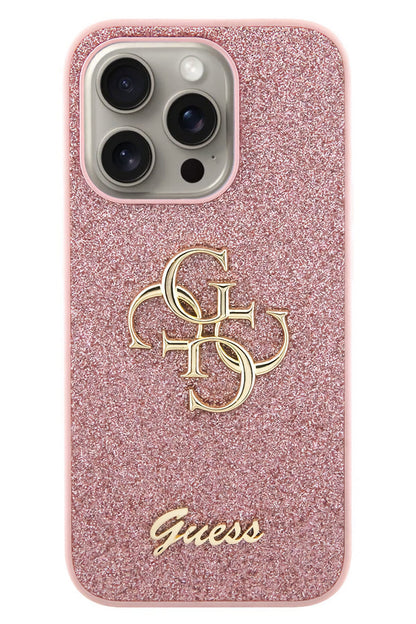 Guess iPhone 15 Pro Max Uyumlu Glitter 4G Logolu Kılıf Pembe