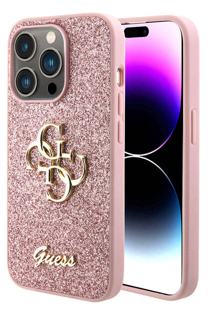 Guess iPhone 15 Pro Max Uyumlu Glitter 4G Logolu Kılıf Pembe