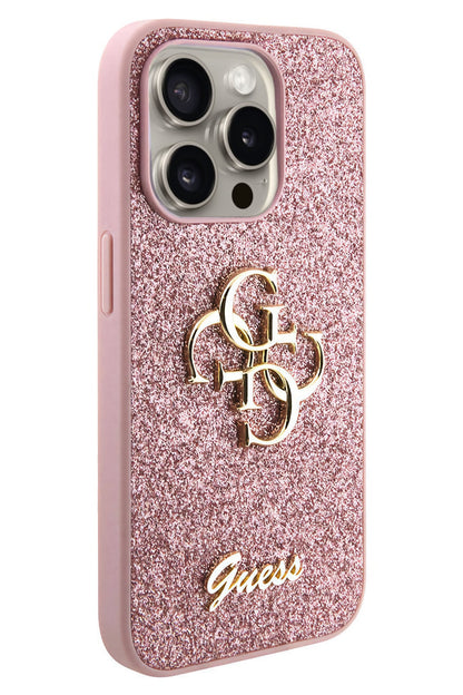 Guess iPhone 15 Pro Max Uyumlu Glitter 4G Logolu Kılıf Pembe
