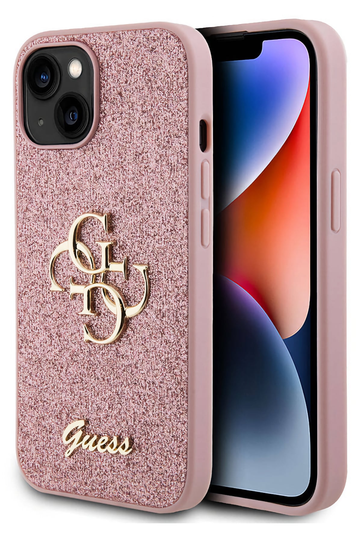 Guess iPhone 15 Uyumlu Glitter 4G Logolu Kılıf Pembe