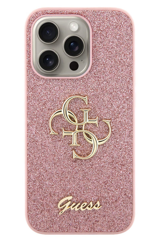 Guess iPhone 15 Pro Uyumlu Glitter 4G Logolu Kılıf Pembe
