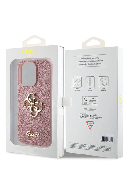 Guess iPhone 15 Pro Uyumlu Glitter 4G Logolu Kılıf Pembe