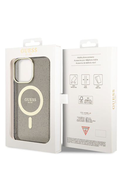 Guess iPhone 13 Pro Magsafe Uyumlu Glitter Silikon Kılıf Siyah
