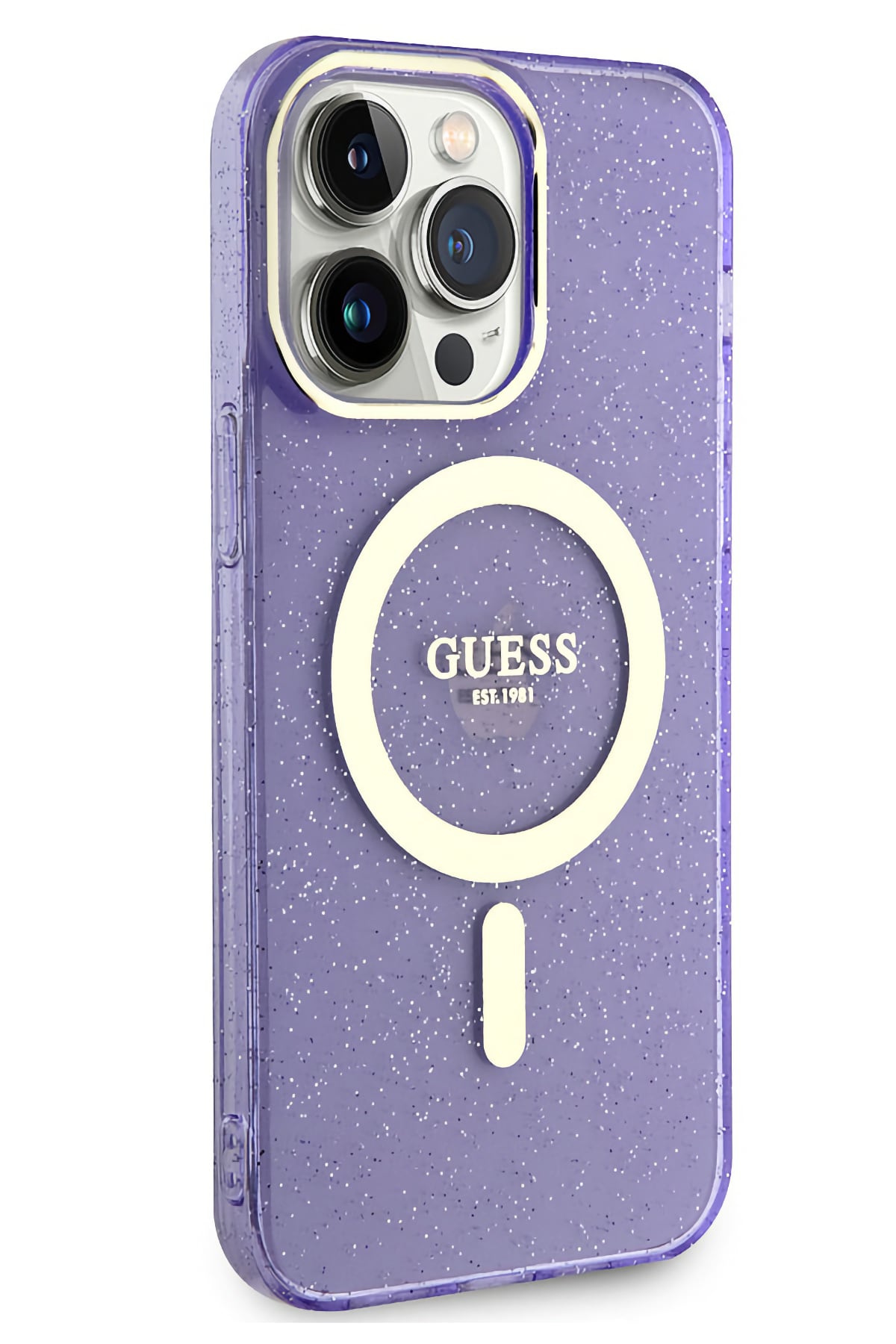 Guess iPhone 13 Pro Max Magsafe Uyumlu Glitter Silikon Kılıf Mor