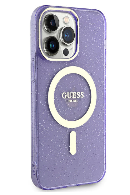 Guess iPhone 13 Pro Magsafe Uyumlu Glitter Silikon Kılıf Mor