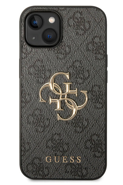 Guess iPhone 14 Uyumlu 4G Logolu Deri Kılıf Gri